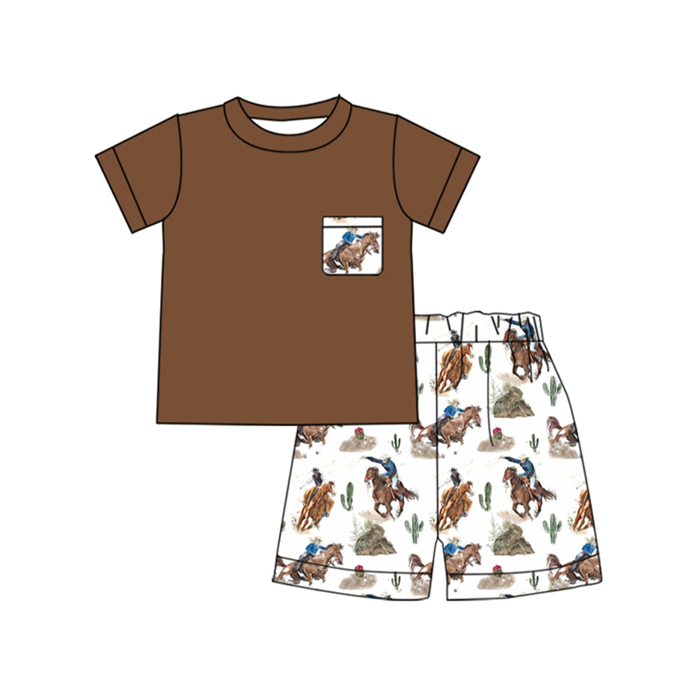 Baby Boys Brown Short Sleeves Pockets Top Horse Rodeo Short Set Preorder
