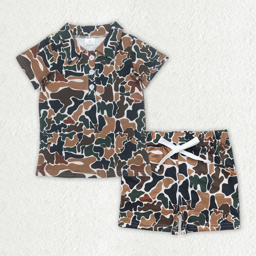Baby Boys Brown Camouflage Button Polo Shirts Top Pockets Shorts Sets