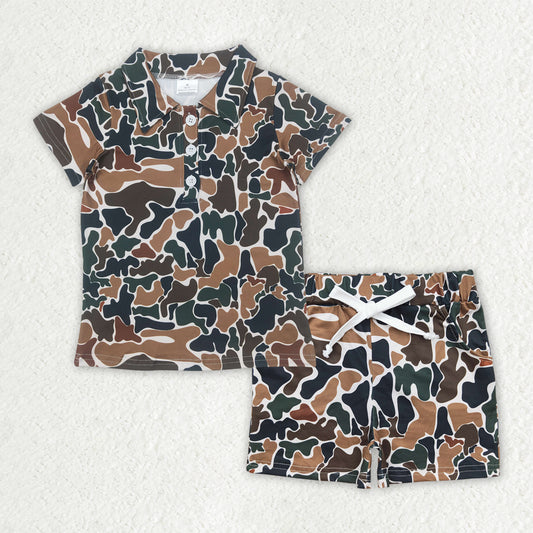Baby Boys Brown Camouflage Button Polo Shirts Top Pockets Shorts Sets