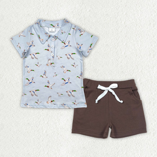 Baby Boys Blue Ducks Button Polo Shirts Top Brown Pockets Shorts Sets