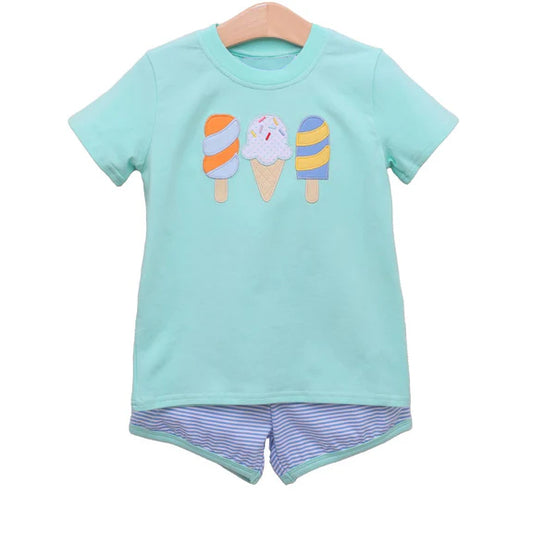 Preorder moq 5 Baby Boys Aqua Short Sleeves Popsicle Top Blue Stripe Short Set