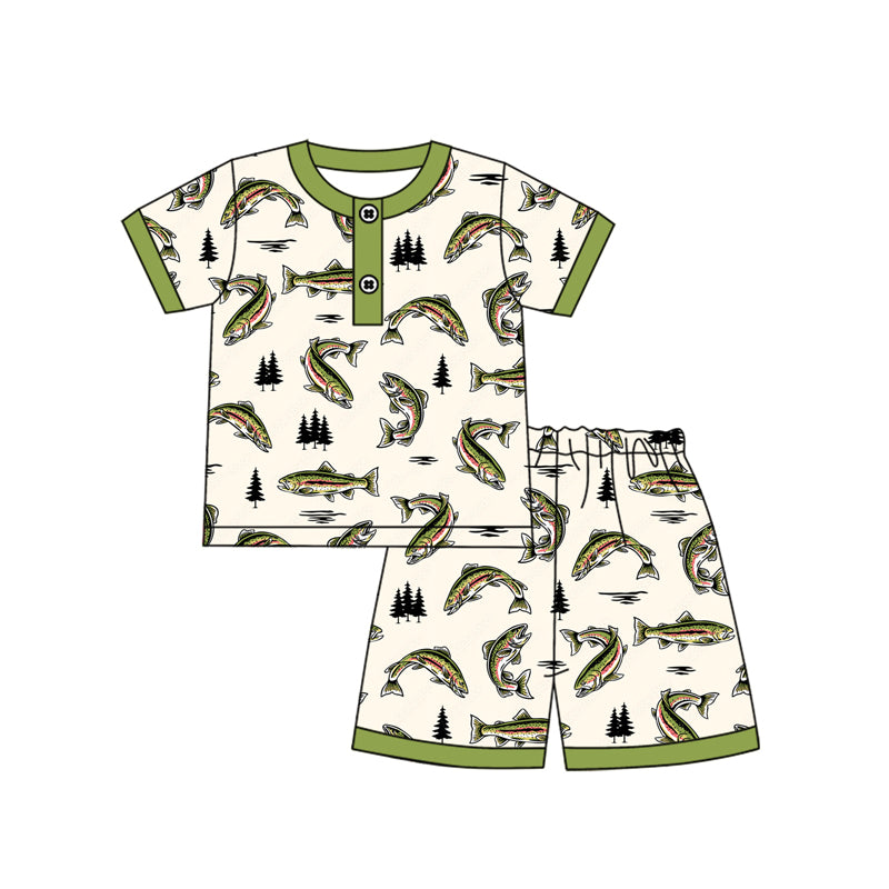 Baby Boys Green Short Sleeves Fishes Button Top Short Pajamas Hunting Set Preorder