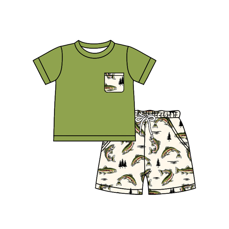 Baby Boys Green Short Sleeves Pocket Top Fishes Short Hunting Set Preorder