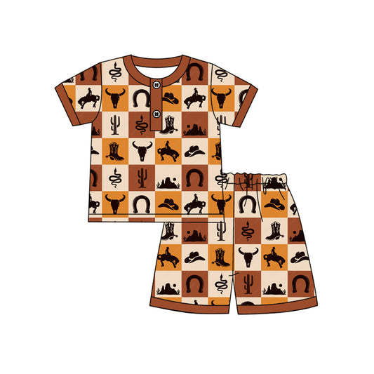 Baby Boys Khaki Short Sleeves Bull Skull Button Top Short Pajamas Set Preorder
