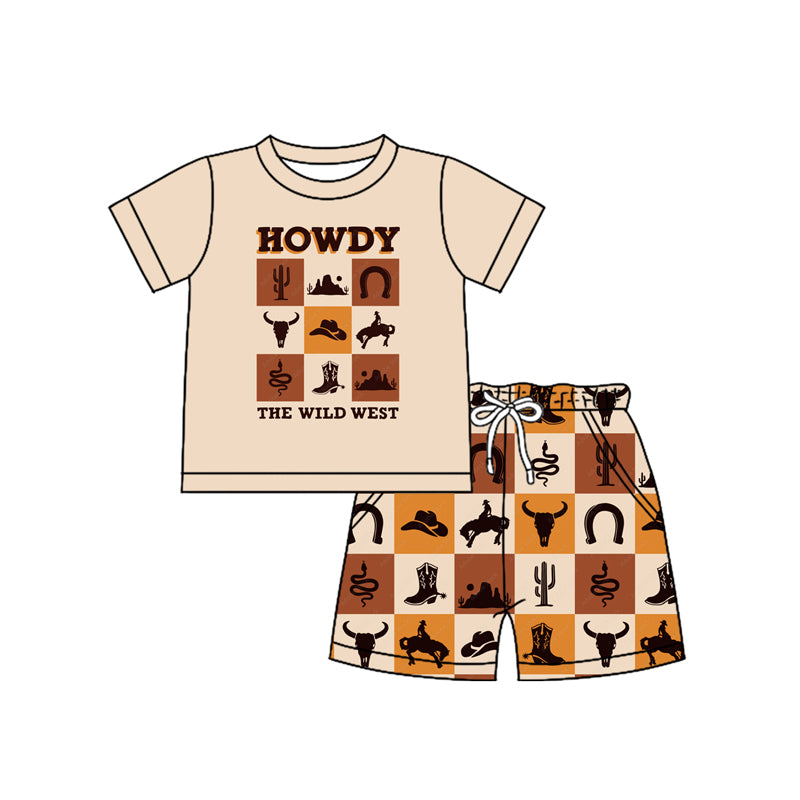 Preorder moq 5 Baby Boys Khaki Short Sleeves Top Bull Skull Pockets Short Western Set