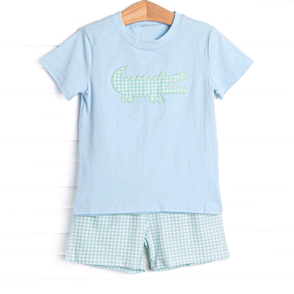 Baby Boys Blue Short Sleeves Crocodile Top Plaid Short Set Preorder