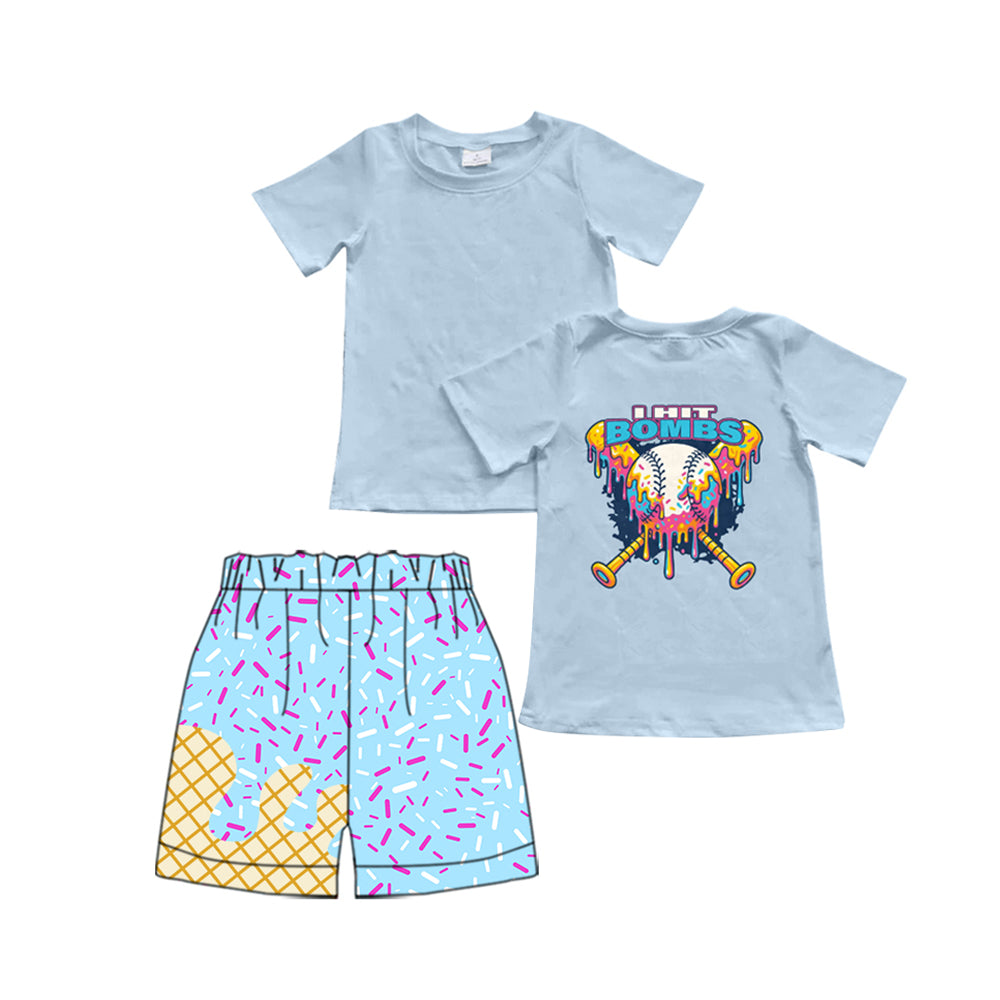 Baby Boys Blue Short Sleeves Bombs Baseball Top Ice Cream Drip Team Short Set Preorder