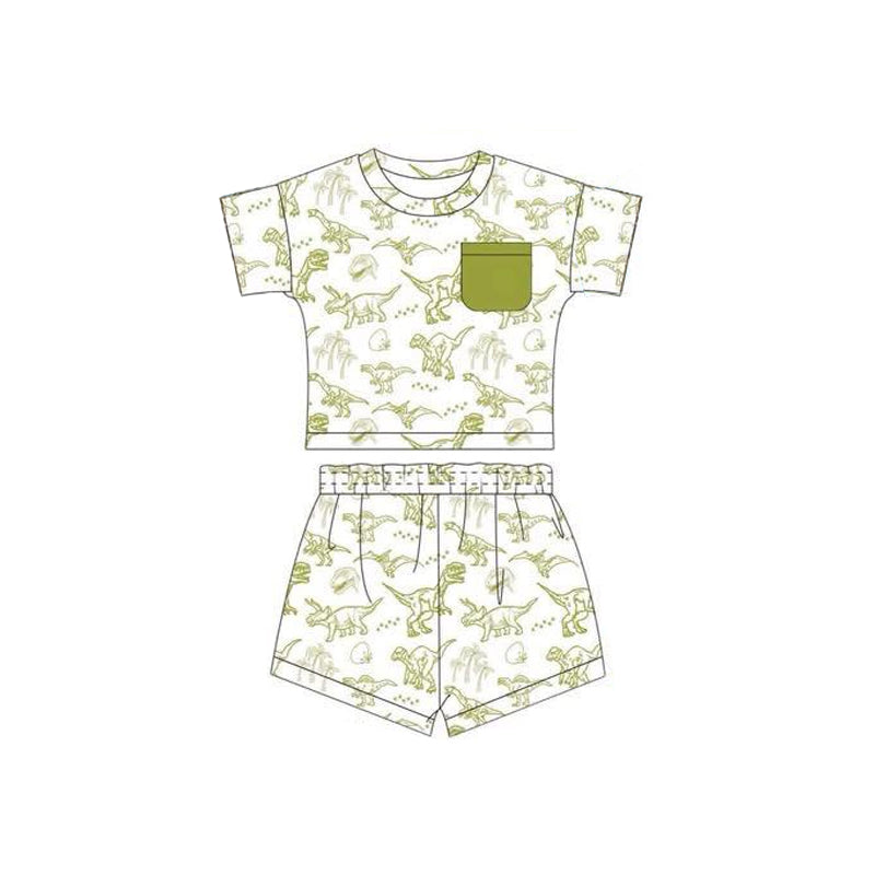 Baby Boys Short Sleeves Green Dinosaurs Pocket Top Short Western Pajamas Set Preorder