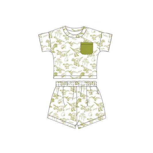 Baby Boys Short Sleeves Green Dinosaurs Pocket Top Short Western Pajamas Set Preorder