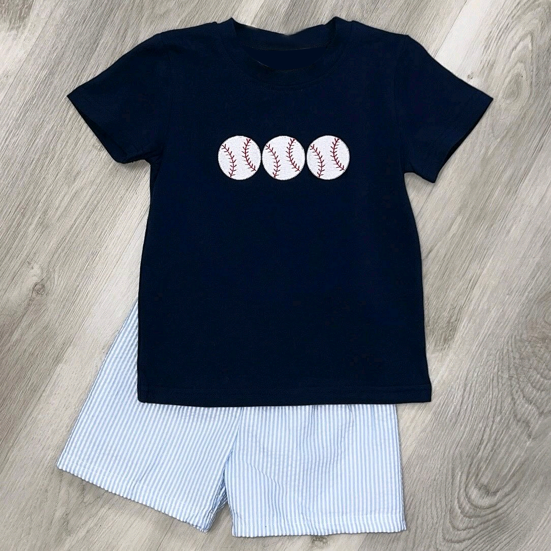 Preorder moq 5 Baby Boys Navy Short Sleeves Baseballs Top Stripe Short Set