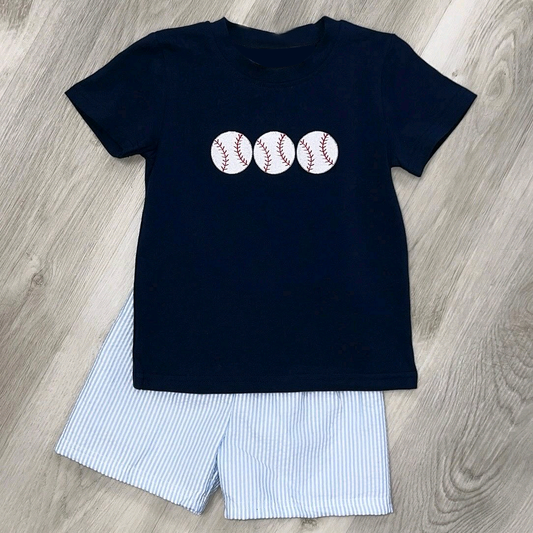 Preorder moq 5 Baby Boys Navy Short Sleeves Baseballs Top Stripe Short Set