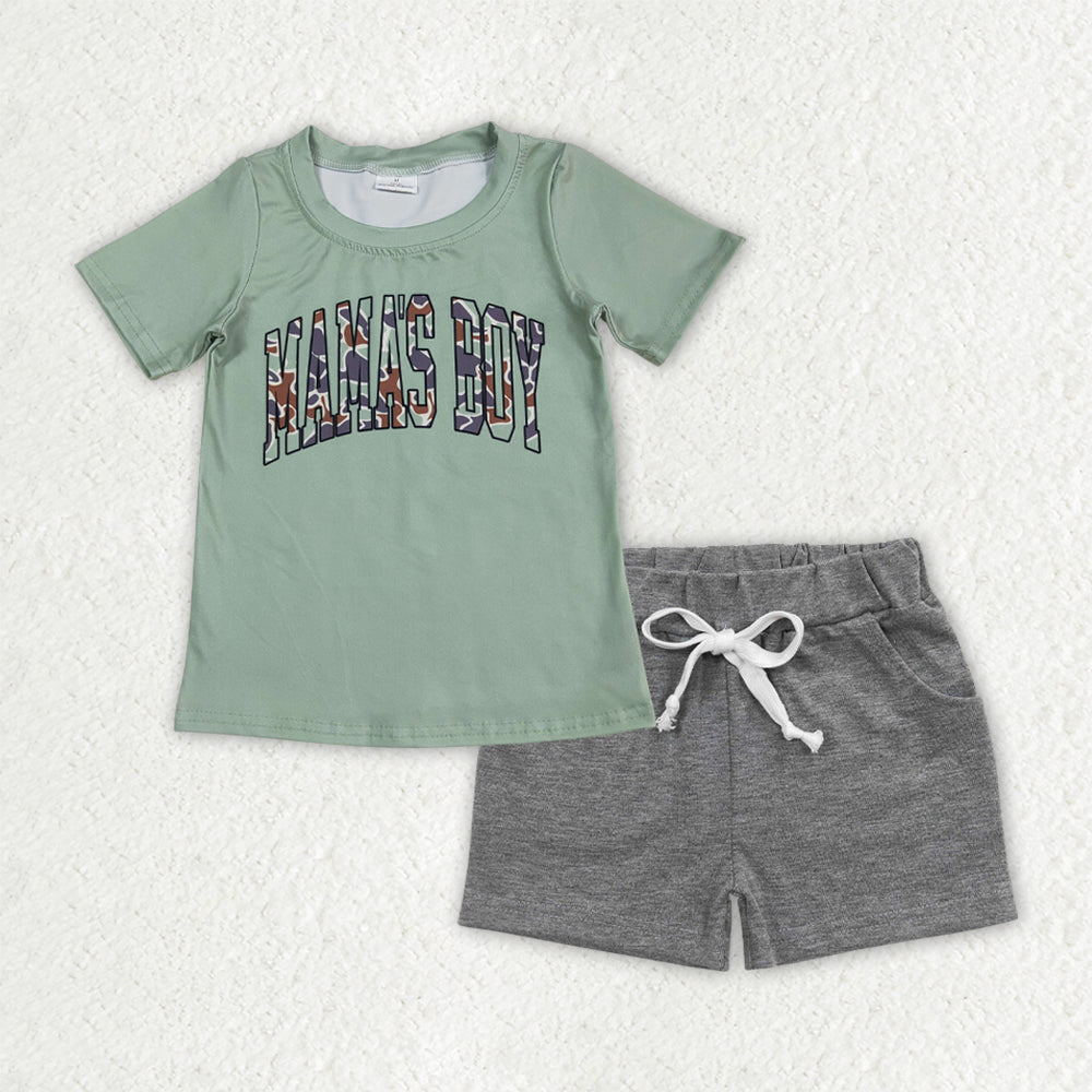 Baby Boys Green Camo Mama's Boy Top Gray Pockets Shorts Clothes Sets