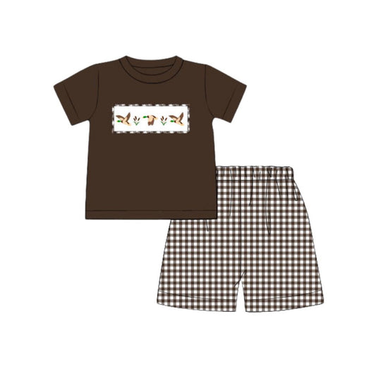 Baby Girls Brown Short Sleeves Ducks Top Plaid Short Set Preorder