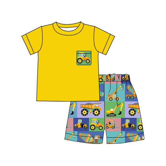 Baby Boys Yellow Excavators Trucks Checked Pockets Top Shorts Clothes Sets