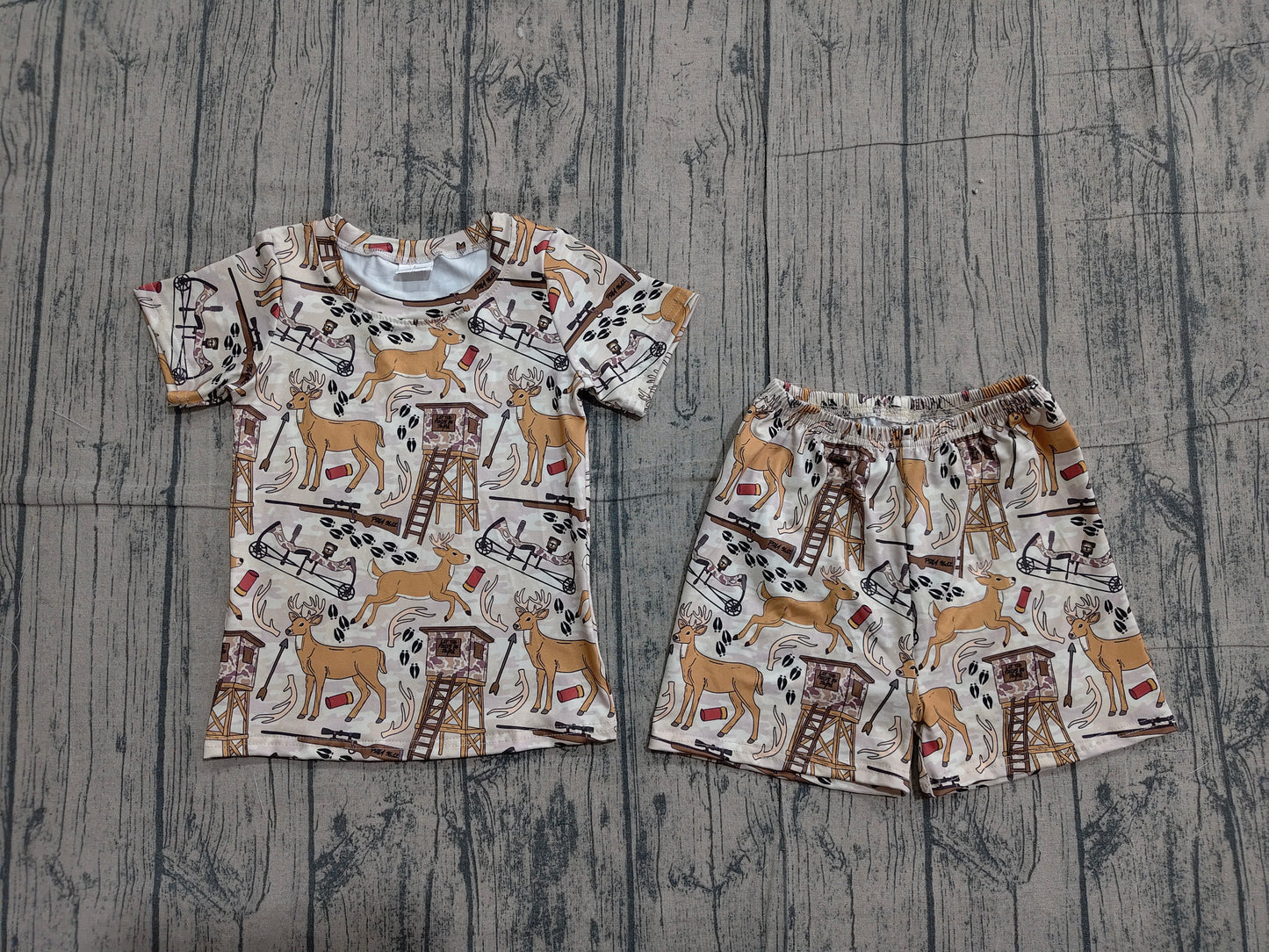 Baby Boys Short Sleeve Khaki Deer Top Shorts Hunting Pajamas Sets