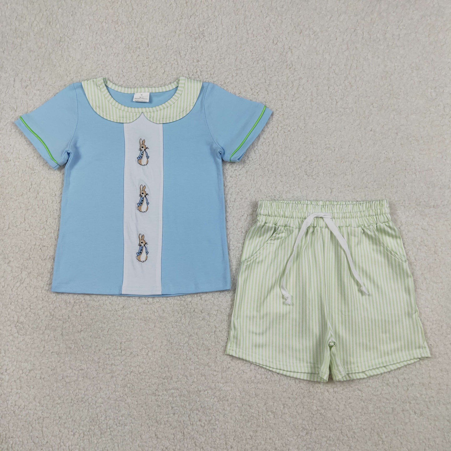 Embroidery Rabbits Baby Boys Collar Top Stripe Pockets Shorts Easter Clothes Sets
