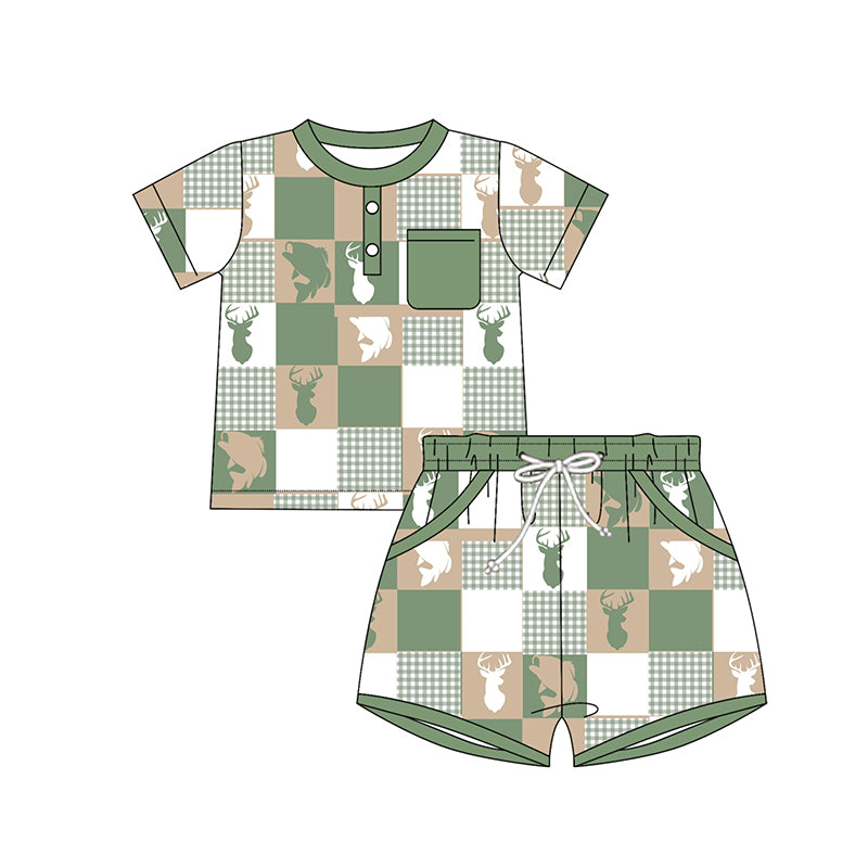 Baby Boys Deer Fishes Checked Button Top Pocket Shorts Hunting Clothes Sets Preorder