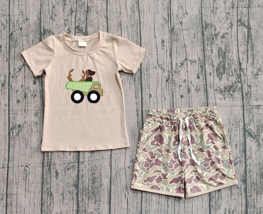 Embroidery Deer Truck Baby Boys Khaki Top Camo Shorts Hunting Clothes Sets Preorder