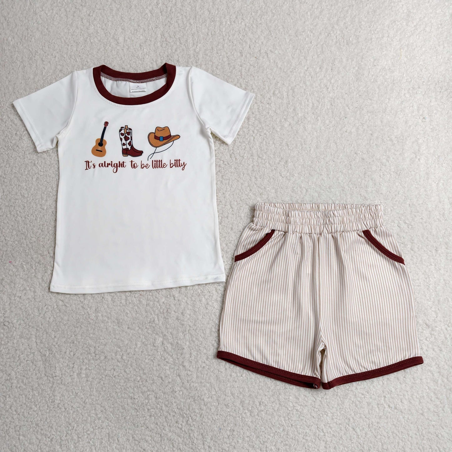 Baby Boys Boots Hat Guitar Top Stripe Pockets Shorts Western Clothes Sets
