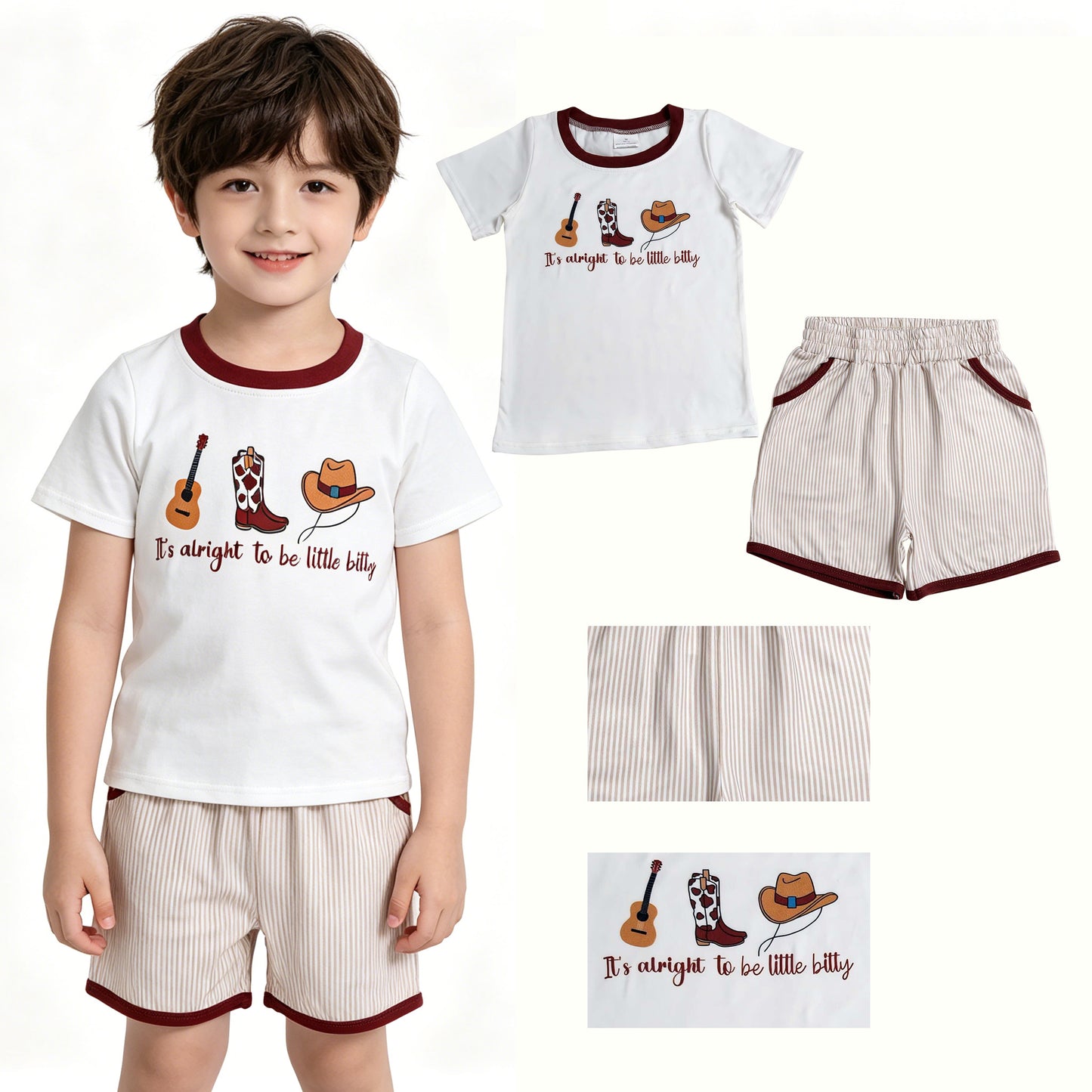 Baby Boys Boots Hat Guitar Top Stripe Pockets Shorts Western Clothes Sets