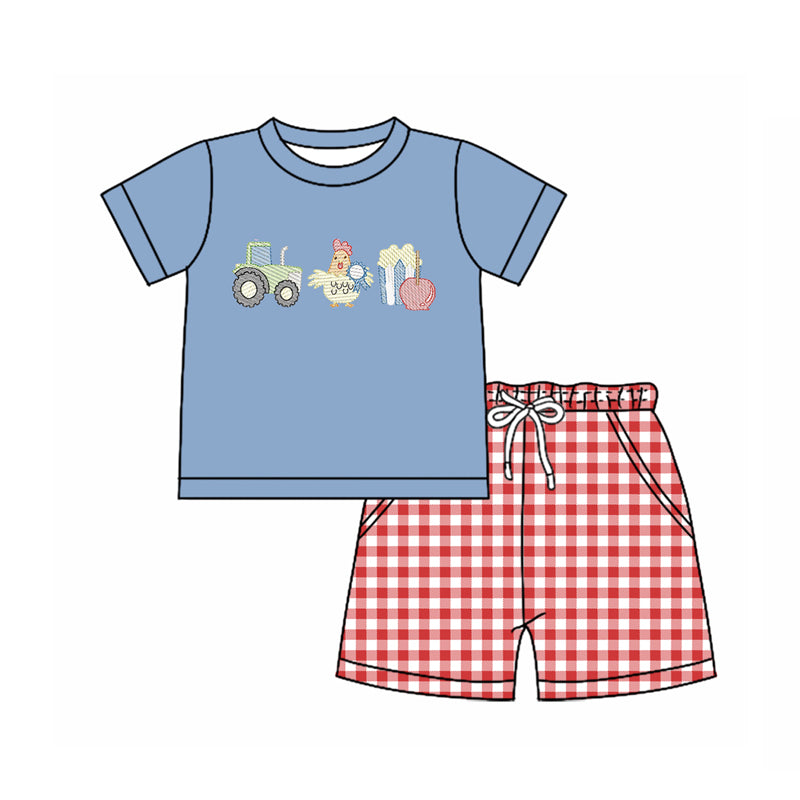 Baby Boys Trucks Chicks Top Checked Pockets Shorts Farm Clothes Sets Preorder