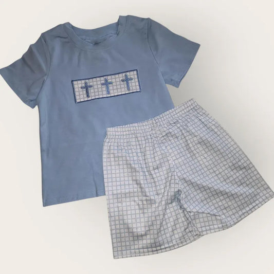 Baby Boys Blue Crosses Top Checked Shorts Easter Clothes Sets Preorder