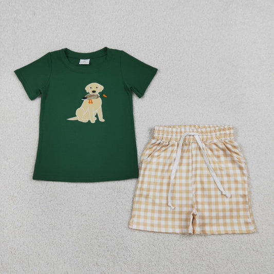 Sibling Baby Boys Embroidery Dog Ducks Top Checked Pockets Short Hunting Clothes Sets