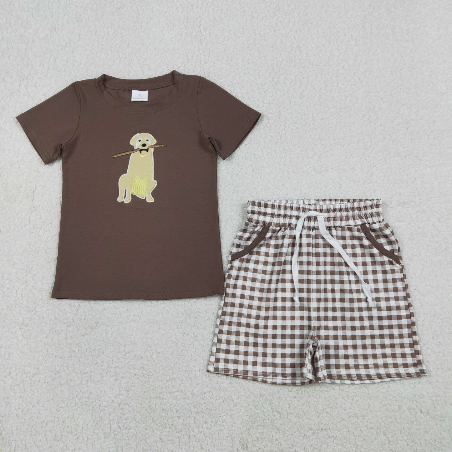 Sibling Baby Boys Embroidery Dogs Top Checked Short Hunting Clothes Set Rompers