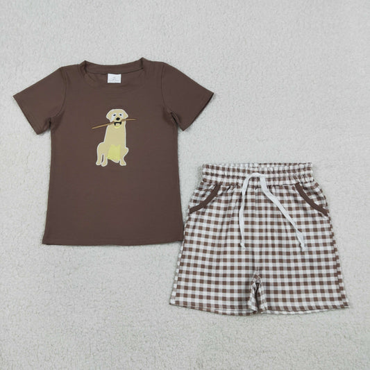 Sibling Baby Boys Embroidery Dogs Top Checked Short Hunting Clothes Set Rompers