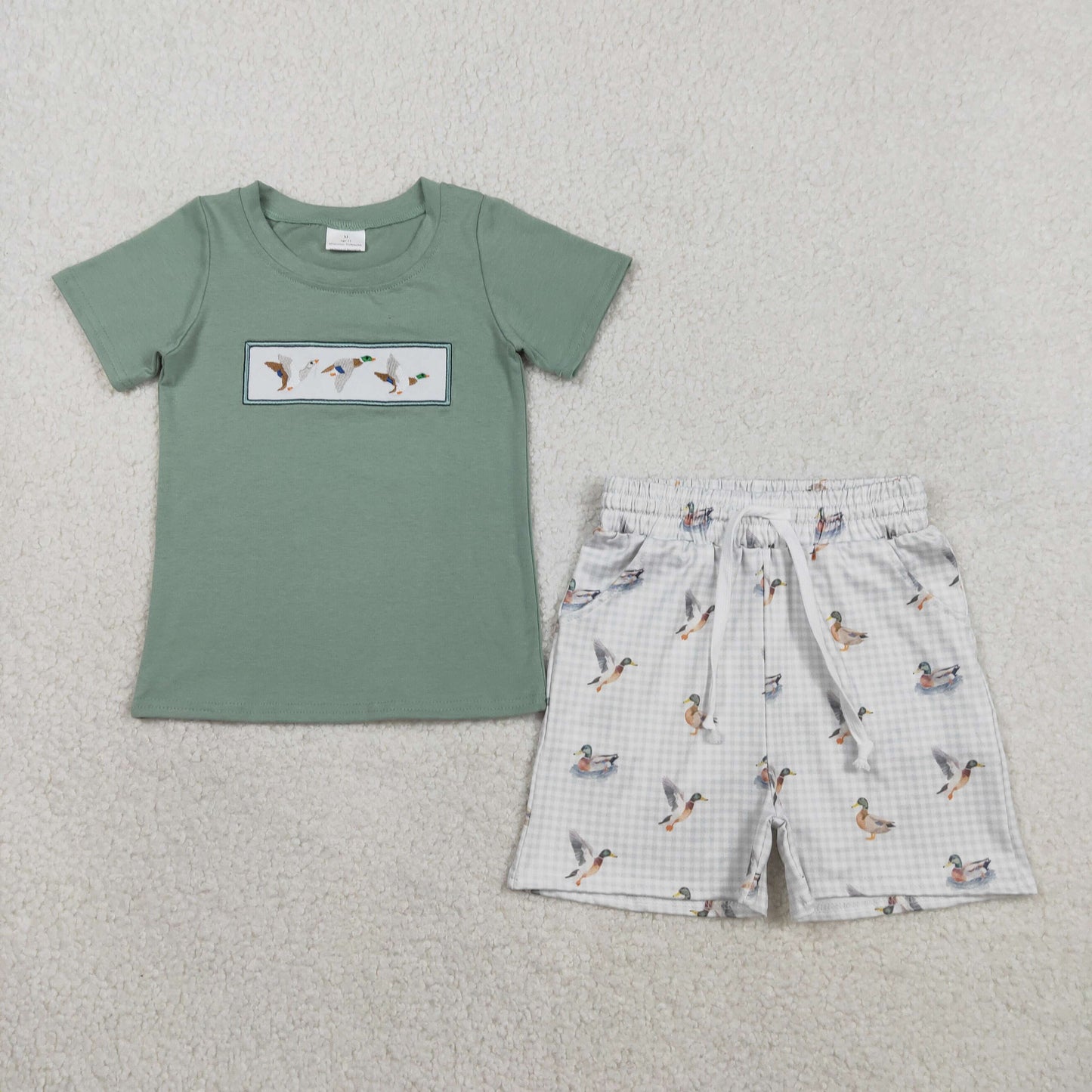 Embroidery Ducks Baby Boys Top Checked Pockets Short Hunting Clothes Sets