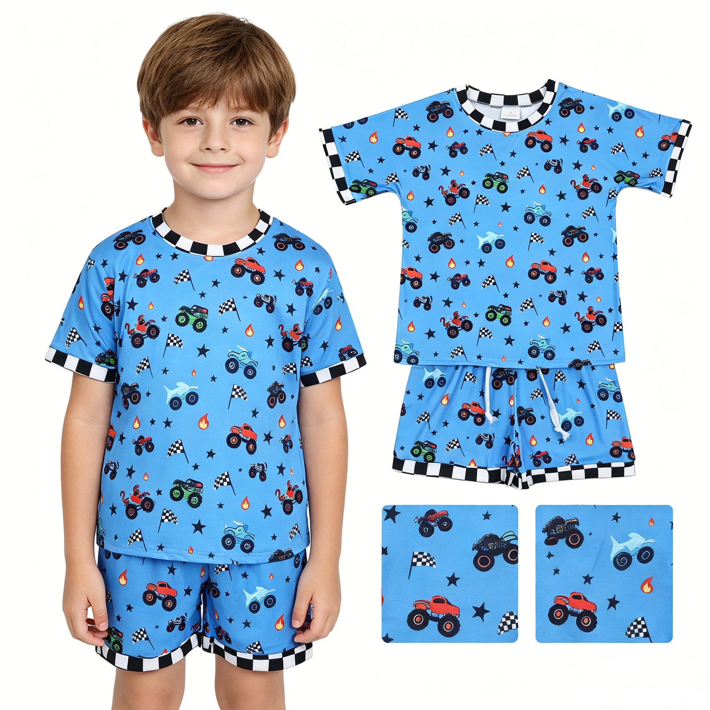Baby Boys Blue Motors Cars Flags Top Shorts 4th of July Clothes Sets