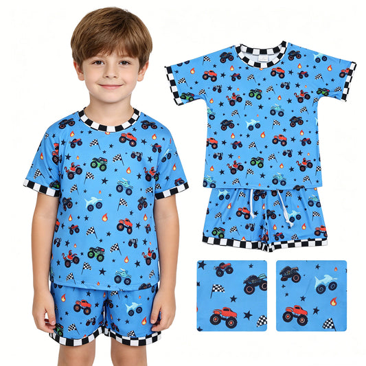 Baby Boys Blue Motors Cars Flags Top Shorts 4th of July Clothes Sets