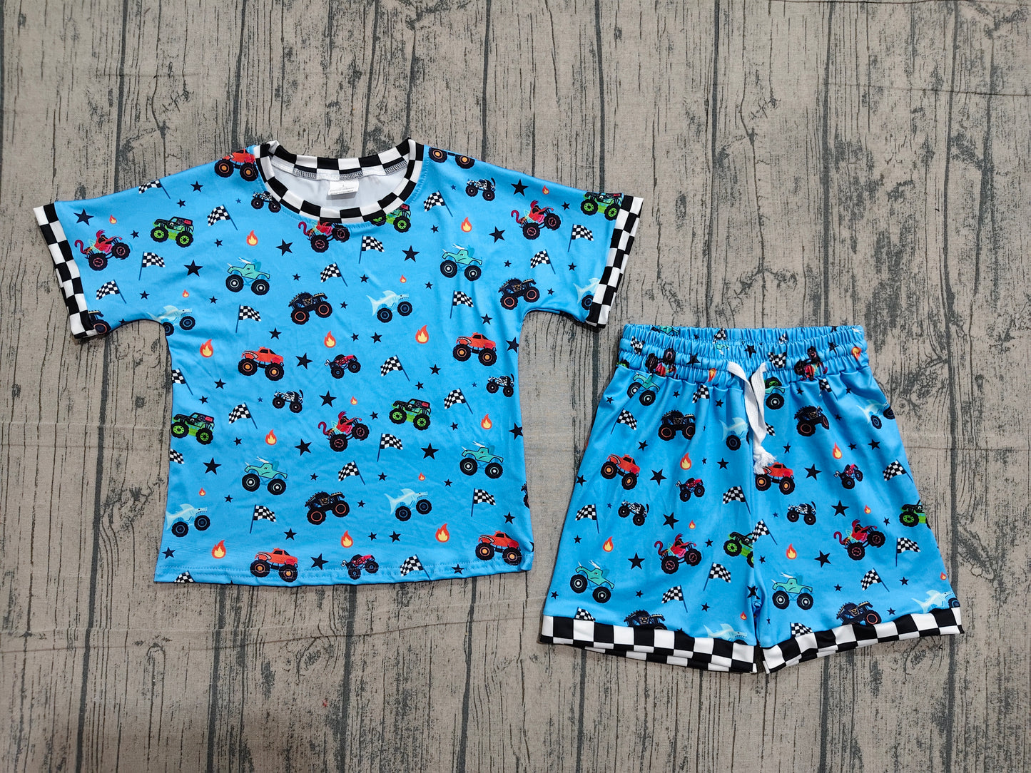 Baby Boys Blue Motors Cars Flags Top Shorts 4th of July Clothes Sets