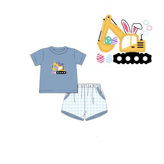 Baby Boys Rabbit Excavators Top Pockets Checked Shorts Easter Clothes Sets Preorder