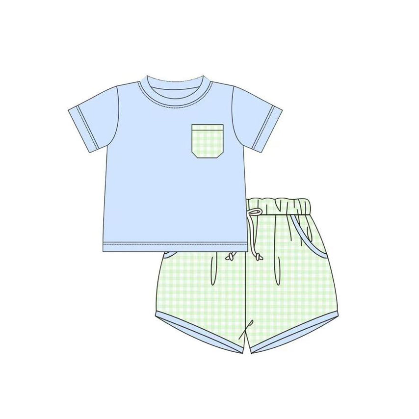 Baby Boys Short Sleeve Pocket Top Green Checked Short Clothes Sets Preorder