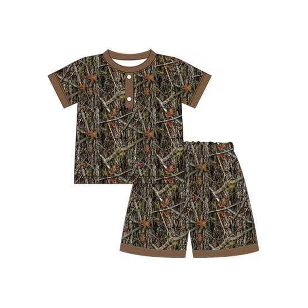 Baby Boys Short Sleeve Brown Leaves Button Top Short Hunting Pajamas Sets Preorder