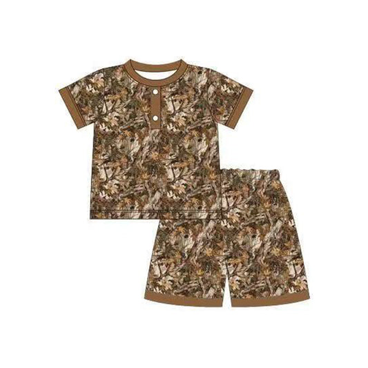 Baby Boys Short Sleeve Brown Leaves Button Top Short Hunting Pajamas Sets Preorder