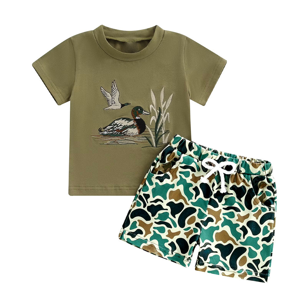 Baby Boys Green Ducks Top Camo Pockets Short Hunting Clothes Sets Preorder