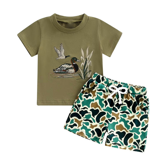 Baby Boys Green Ducks Top Camo Pockets Short Hunting Clothes Sets Preorder