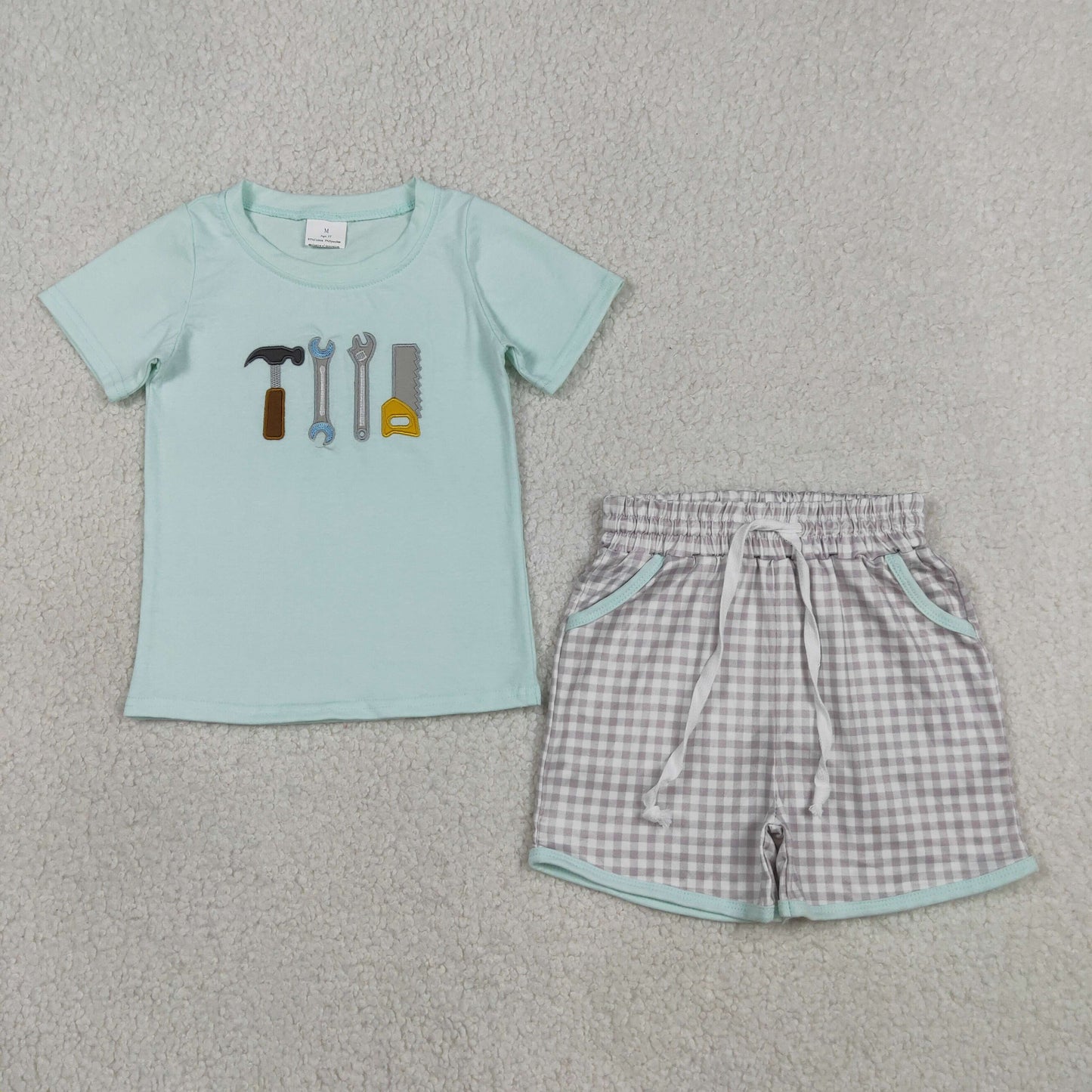 Embroidery Tools Baby Boys Top Checked Pockets Shorts Clothes Sets