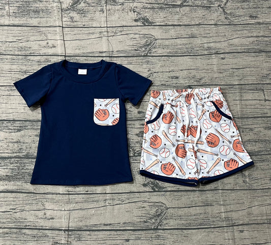 Baby Boys Navy Shirts Top Baseballs Pockets Shorts Team Clothes Sets