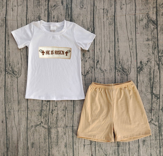 Embroidery Crosses He is Risen Baby Boys Top Shorts Easter Clothes Sets Preorder