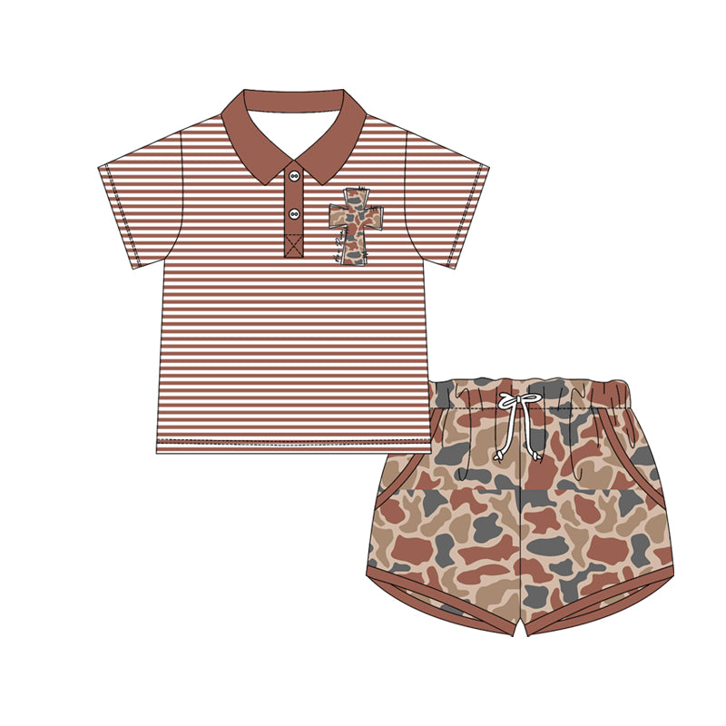 Baby Boys Brown Stripe Camo Cross Button Top Pockets Shorts Easter Clothes Sets Preorder