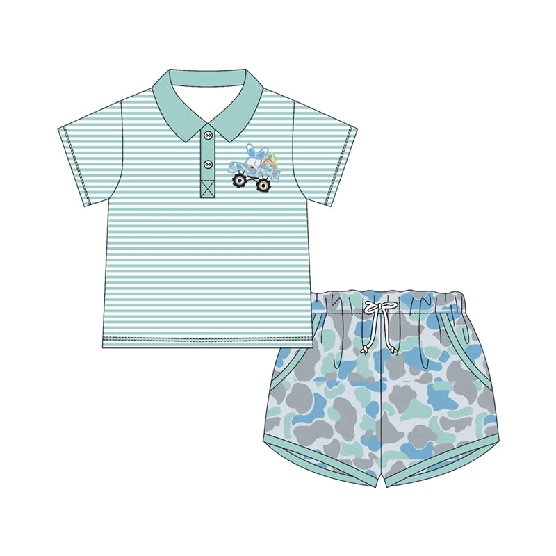Baby Boys Blue Stripe Camo Rabbit Trucks Button Top Pockets Shorts Easter Clothes Sets Preorder