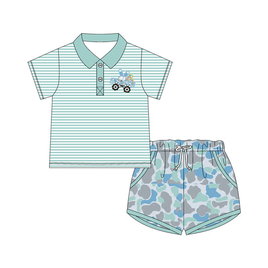 Baby Boys Blue Stripe Camo Rabbit Trucks Button Top Pockets Shorts Easter Clothes Sets Preorder