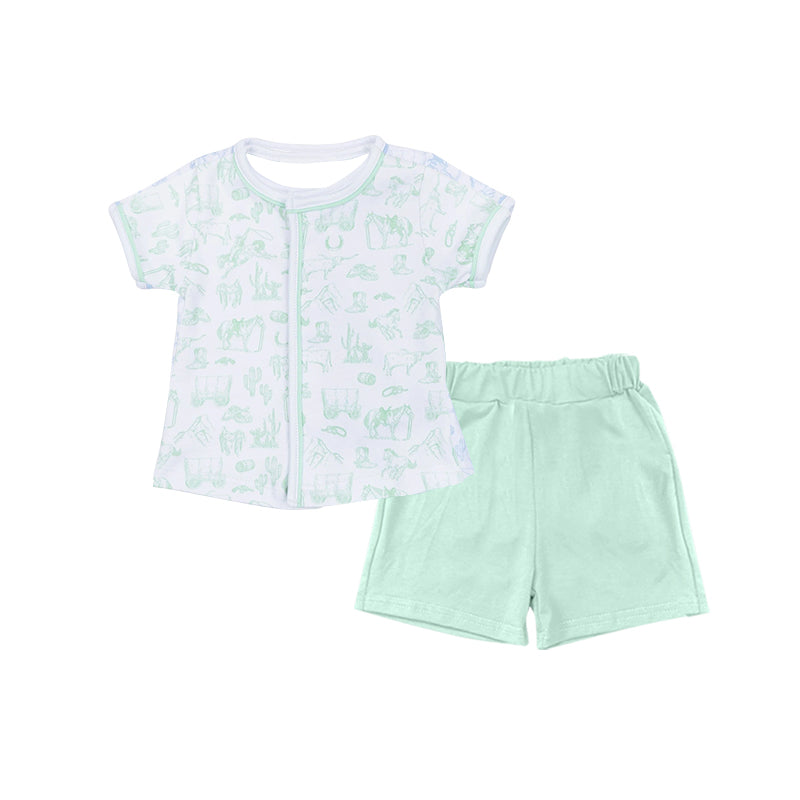 Baby Boys Green Horse Rodeos Cactus Button Top Shorts Western Clothes Sets Preorder