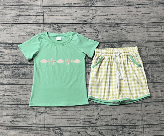 Embroidery Air Planes Baby Boys Top Checked Pockets Clothes Sets Preorder