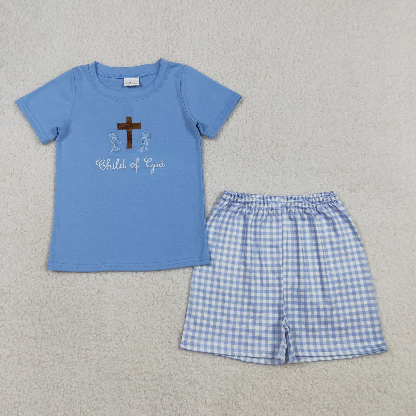 Embroidery Cross Child of God Baby Boys Top Checked Shorts Clothes Sets