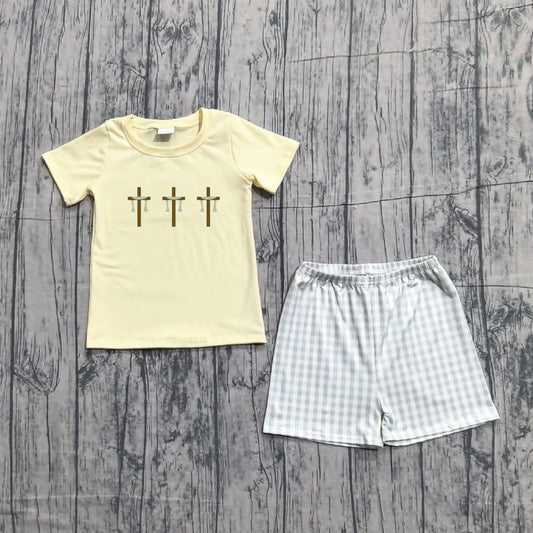 Embroidery Baby Boys Crosses Top Checked Shorts Easter Clothes Sets Preorder