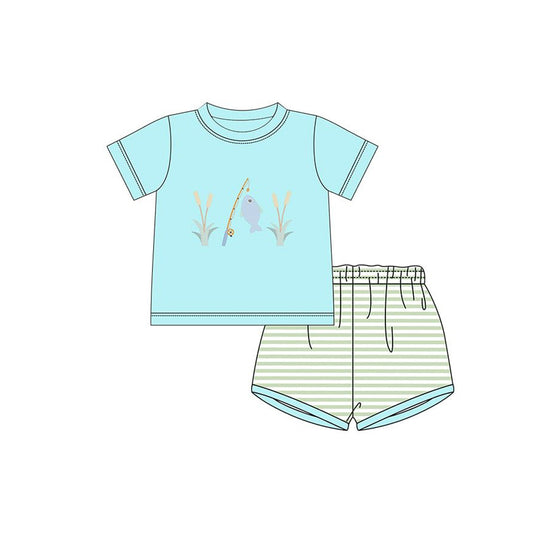 Baby Boys Blue Fishing Top Stripe Shorts Hunting Clothes Sets Preorder